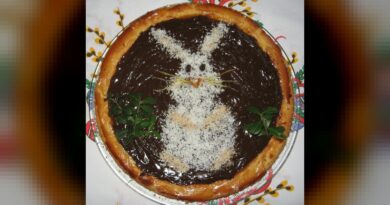 Mazurek made of shortcrust pastry, covered with fudge caramel cream (with cocoa). A bunny made of coconut shreds and grated almonds. The eyes - raisin