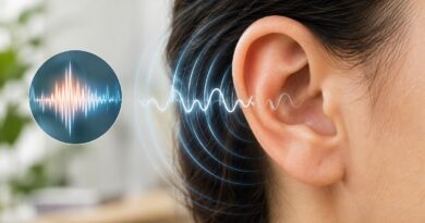 Close-up da orelha direita de uma pessoa com cabelo preso, sobreposto por ondas sonoras digitais e um gráfico de frequência sonora ao lado esquerdo da orelha, simbolizando sons internos ou zumbidos.