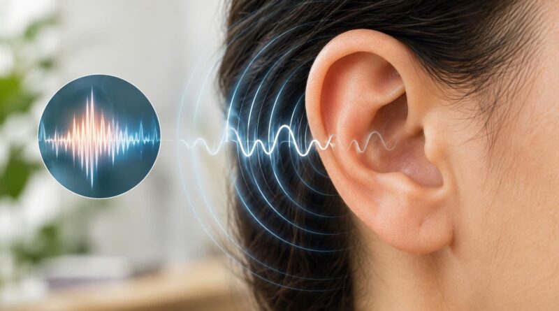 Close-up da orelha direita de uma pessoa com cabelo preso, sobreposto por ondas sonoras digitais e um gráfico de frequência sonora ao lado esquerdo da orelha, simbolizando sons internos ou zumbidos.