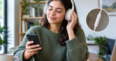 Mulher jovem com cabelo castanho escuro e suéter verde sentado à mesa, usando fones de ouvido brancos e segurando um smartphone preto na mão direita. Ao fundo, estantes com livros e plantas em um ambiente iluminado e aconchegante. Um círculo destaca o controle de volume dos fones de ouvido.
