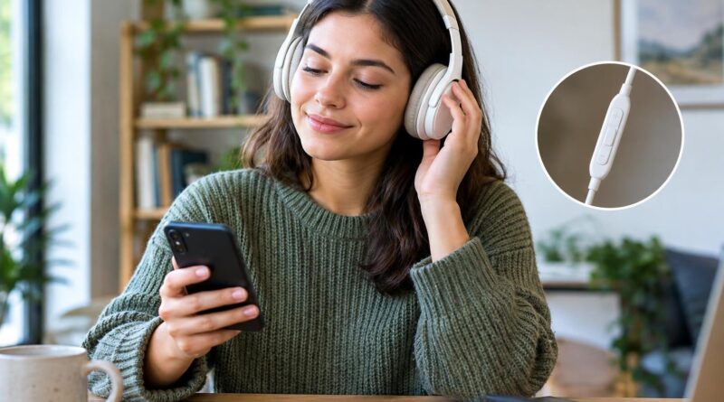 Mulher jovem com cabelo castanho escuro e suéter verde sentado à mesa, usando fones de ouvido brancos e segurando um smartphone preto na mão direita. Ao fundo, estantes com livros e plantas em um ambiente iluminado e aconchegante. Um círculo destaca o controle de volume dos fones de ouvido.