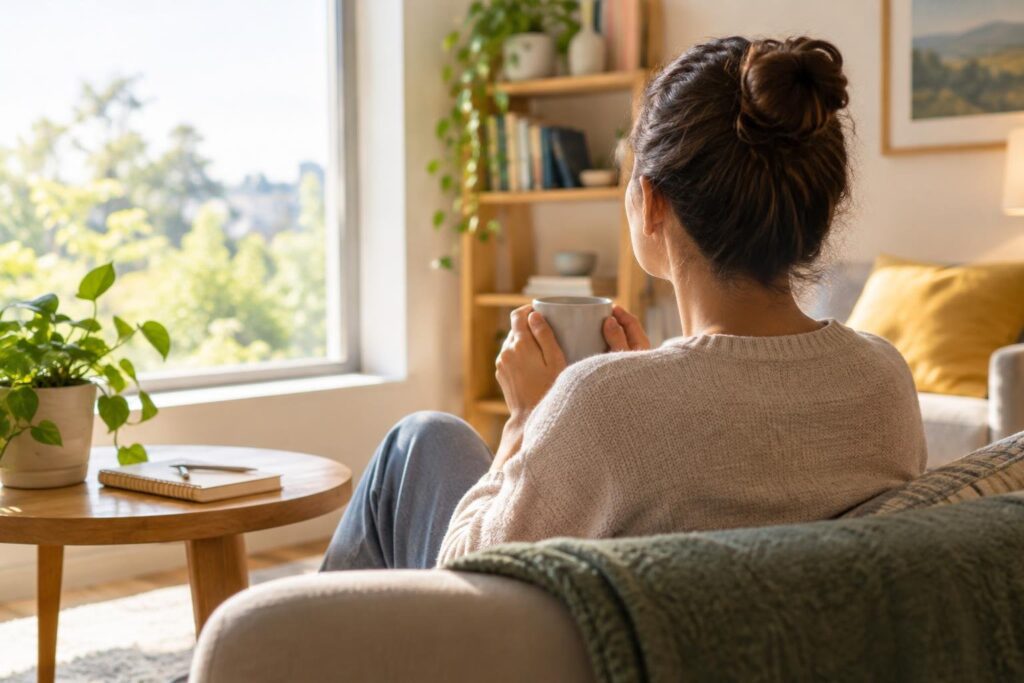 Mulher sentada em um sofá segurando uma caneca, olhando pensativa pela janela em um ambiente de sala com plantas, mesa de madeira e estante de livros ao fundo.