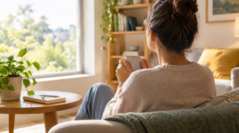 Mulher sentada em um sofá segurando uma caneca, olhando pensativa pela janela em um ambiente de sala com plantas, mesa de madeira e estante de livros ao fundo.