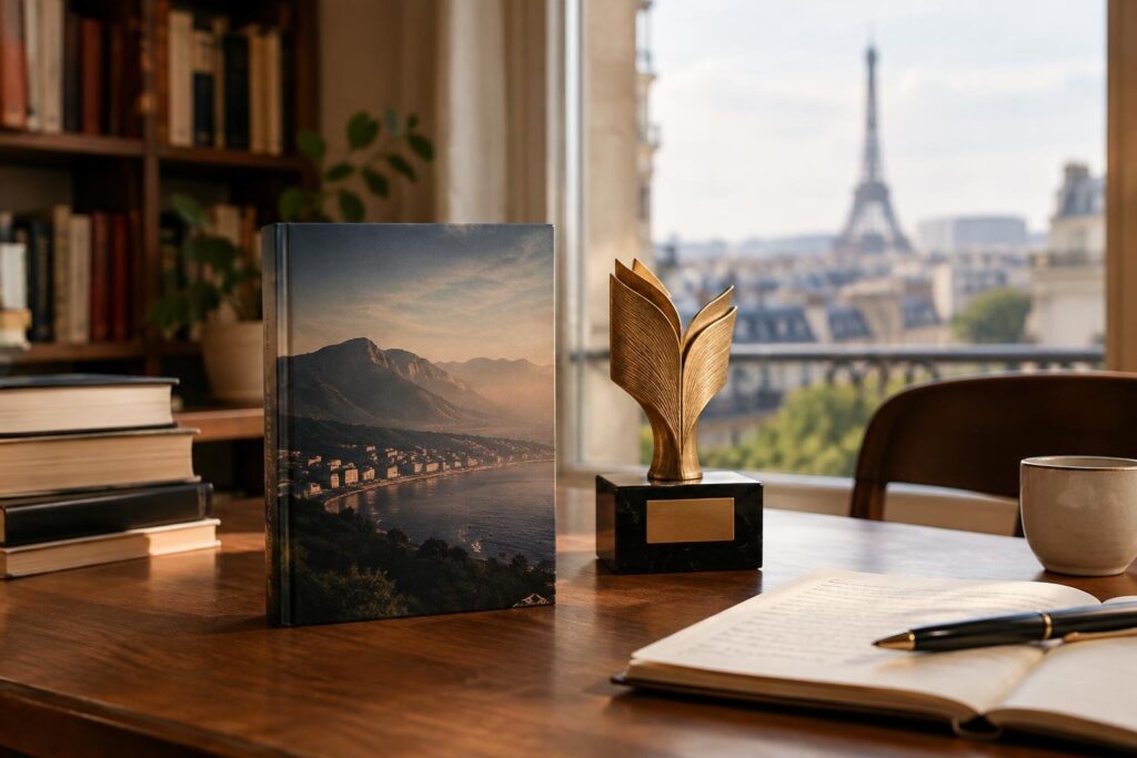 Livro posicionado verticalmente sobre uma mesa de madeira com uma estatueta dourada em forma de livro, ao fundo uma grande janela mostra a Torre Eiffel desfocada, outros livros empilhados, um caderno aberto com uma caneta e uma xícara completam a cena.