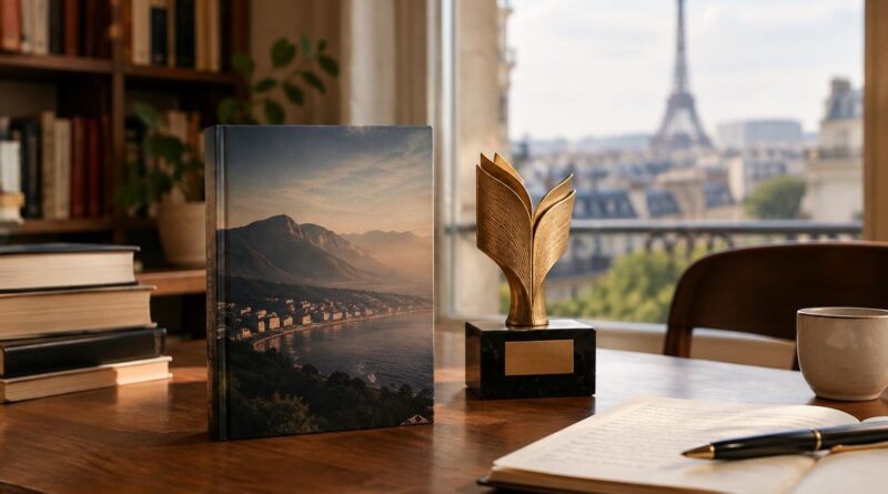 Livro posicionado verticalmente sobre uma mesa de madeira com uma estatueta dourada em forma de livro, ao fundo uma grande janela mostra a Torre Eiffel desfocada, outros livros empilhados, um caderno aberto com uma caneta e uma xícara completam a cena.
