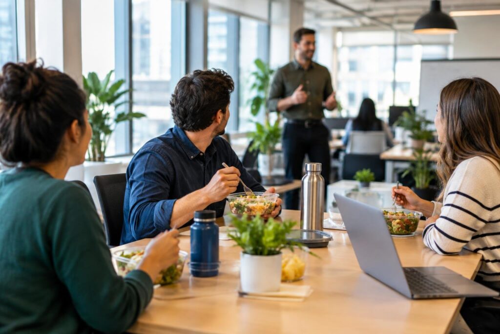 Três funcionários sentados em volta de uma mesa em um escritório moderno, comendo saladas em recipientes plásticos, enquanto um homem de pé ao fundo fala com eles. Há plantas e garrafas de água na mesa.