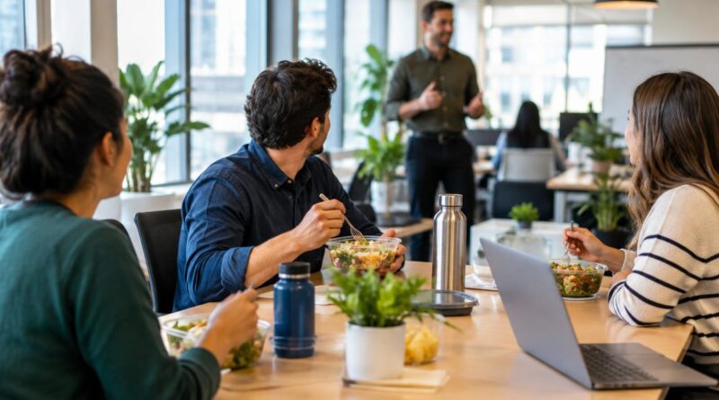 Três funcionários sentados em volta de uma mesa em um escritório moderno, comendo saladas em recipientes plásticos, enquanto um homem de pé ao fundo fala com eles. Há plantas e garrafas de água na mesa.