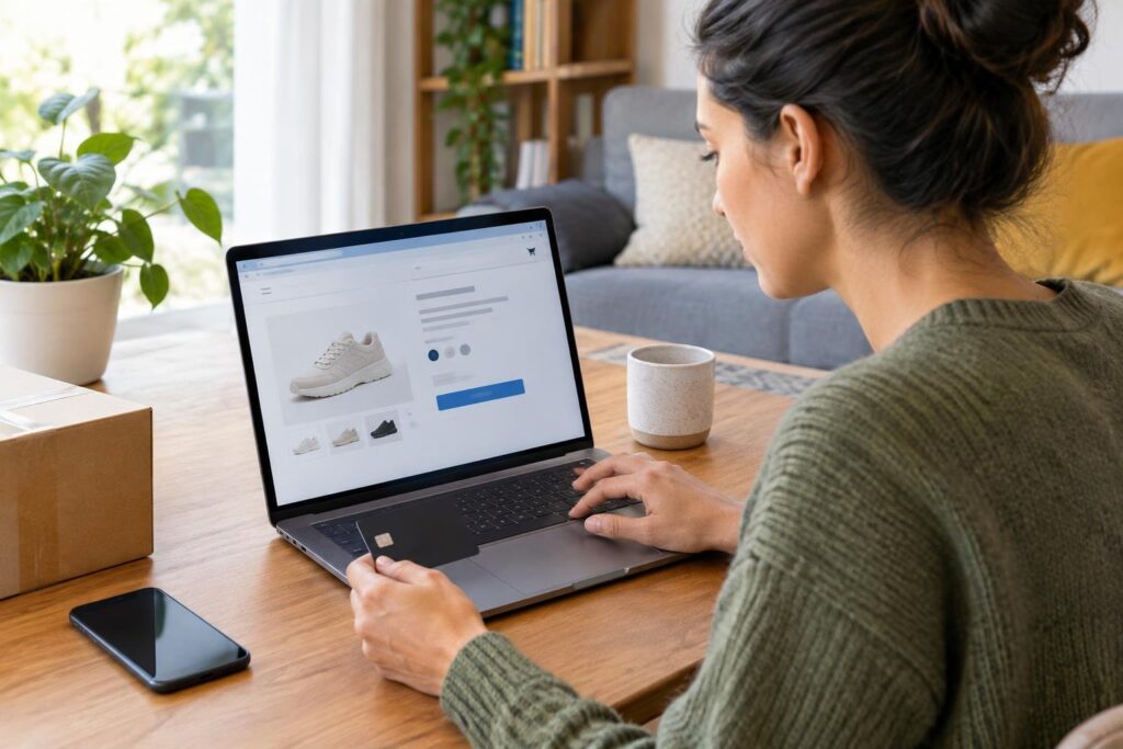 Mulher sentada à mesa, segurando um cartão de crédito e olhando para uma tela de notebook que mostra um produto à venda em uma loja online. Há um celular e uma caneca na mesa.