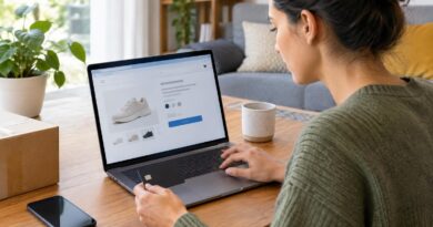 Mulher sentada à mesa, segurando um cartão de crédito e olhando para uma tela de notebook que mostra um produto à venda em uma loja online. Há um celular e uma caneca na mesa.