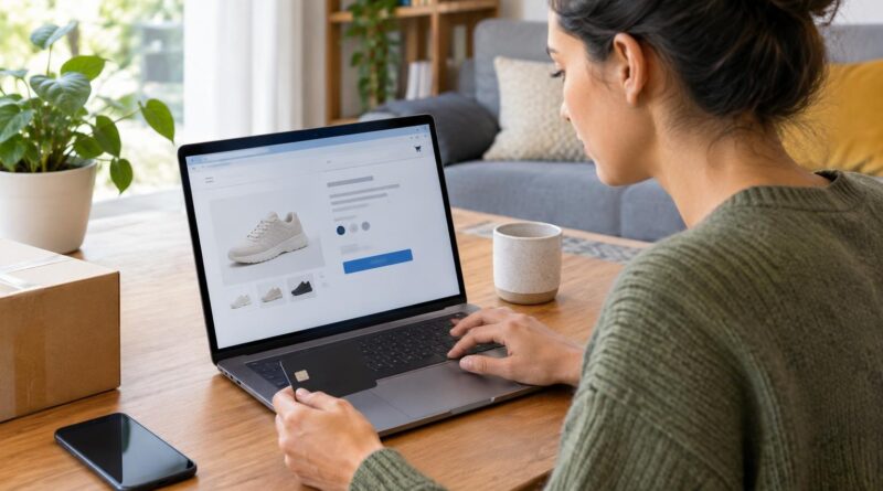 Mulher sentada à mesa, segurando um cartão de crédito e olhando para uma tela de notebook que mostra um produto à venda em uma loja online. Há um celular e uma caneca na mesa.