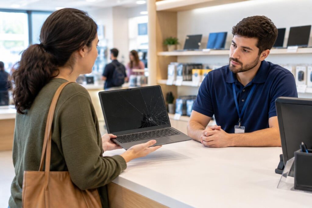 Mulher com bolsa marrom segura um notebook com tela rachada enquanto conversa com um atendente de camisa azul, em um balcão de loja com prateleiras ao fundo.