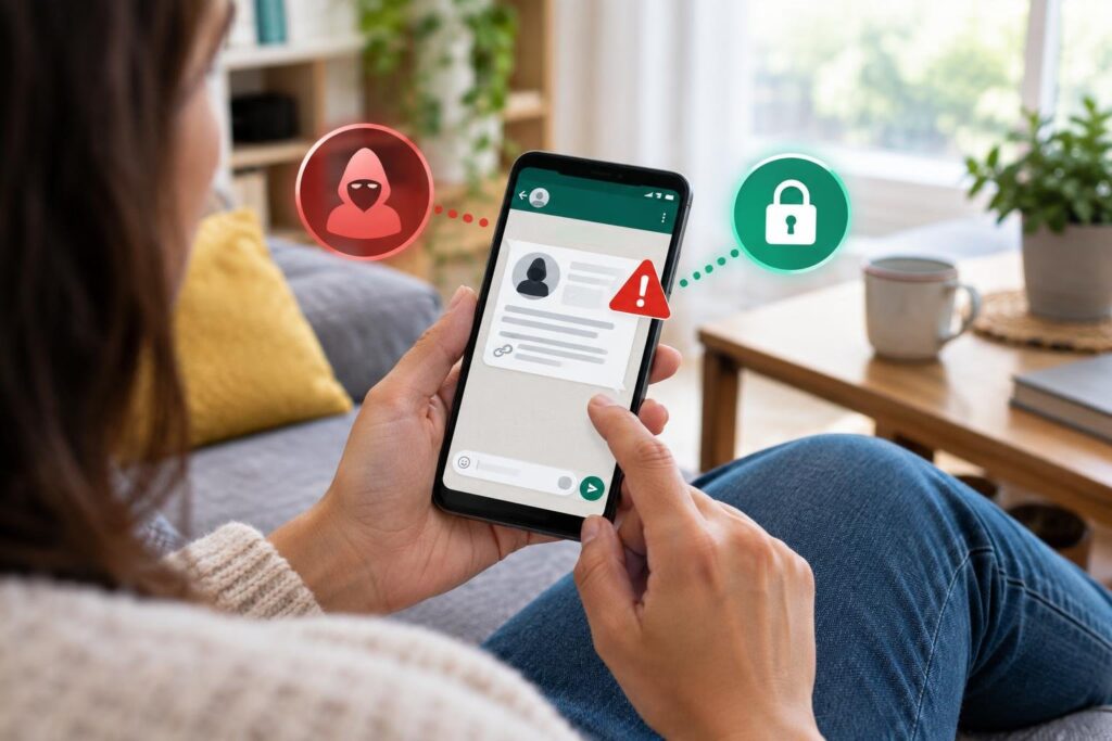 Pessoa segurando um celular com a tela do WhatsApp aberta, mostrando uma conversa e ícones gráficos de um alerta vermelho com capuz e um cadeado verde, sentada em um ambiente interno com sofá, planta e mesa ao fundo.