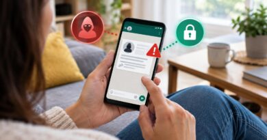 Pessoa segurando um celular com a tela do WhatsApp aberta, mostrando uma conversa e ícones gráficos de um alerta vermelho com capuz e um cadeado verde, sentada em um ambiente interno com sofá, planta e mesa ao fundo.