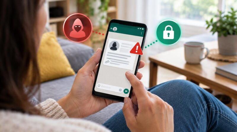 Pessoa segurando um celular com a tela do WhatsApp aberta, mostrando uma conversa e ícones gráficos de um alerta vermelho com capuz e um cadeado verde, sentada em um ambiente interno com sofá, planta e mesa ao fundo.