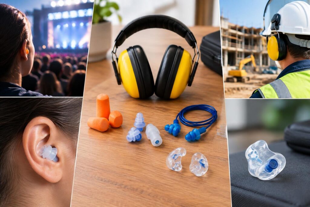 Montagem com cinco imagens: pessoa usando plug de espuma amarela em show; protetores auriculares variados sobre mesa, incluindo abafador amarelo, plugs laranja de espuma, plugs azuis de silicone e moldados transparentes; trabalhador em obra usando abafador amarelo e capacete; close no ouvido com plug de silicone transparente.