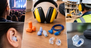 Montagem com cinco imagens: pessoa usando plug de espuma amarela em show; protetores auriculares variados sobre mesa, incluindo abafador amarelo, plugs laranja de espuma, plugs azuis de silicone e moldados transparentes; trabalhador em obra usando abafador amarelo e capacete; close no ouvido com plug de silicone transparente.