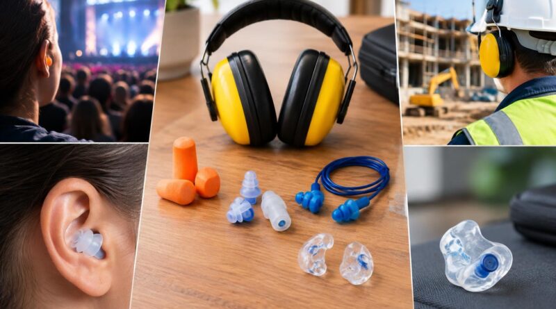 Montagem com cinco imagens: pessoa usando plug de espuma amarela em show; protetores auriculares variados sobre mesa, incluindo abafador amarelo, plugs laranja de espuma, plugs azuis de silicone e moldados transparentes; trabalhador em obra usando abafador amarelo e capacete; close no ouvido com plug de silicone transparente.