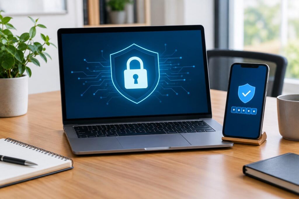 Um laptop e um smartphone sobre uma mesa de madeira, ambos exibindo símbolos relacionados à segurança digital: o laptop mostra um cadeado dentro de um escudo azul, e o smartphone um escudo azul com um visto branco e uma sequência de círculos indicando senha.