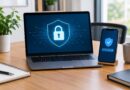 Um laptop e um smartphone sobre uma mesa de madeira, ambos exibindo símbolos relacionados à segurança digital: o laptop mostra um cadeado dentro de um escudo azul, e o smartphone um escudo azul com um visto branco e uma sequência de círculos indicando senha.