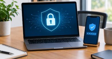 Um laptop e um smartphone sobre uma mesa de madeira, ambos exibindo símbolos relacionados à segurança digital: o laptop mostra um cadeado dentro de um escudo azul, e o smartphone um escudo azul com um visto branco e uma sequência de círculos indicando senha.