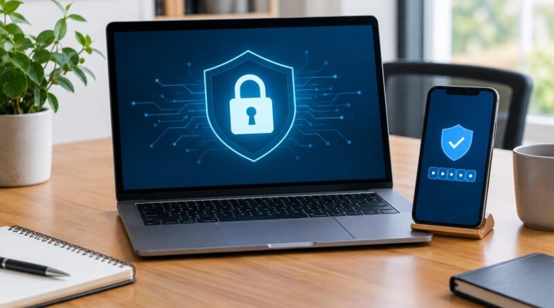 Um laptop e um smartphone sobre uma mesa de madeira, ambos exibindo símbolos relacionados à segurança digital: o laptop mostra um cadeado dentro de um escudo azul, e o smartphone um escudo azul com um visto branco e uma sequência de círculos indicando senha.
