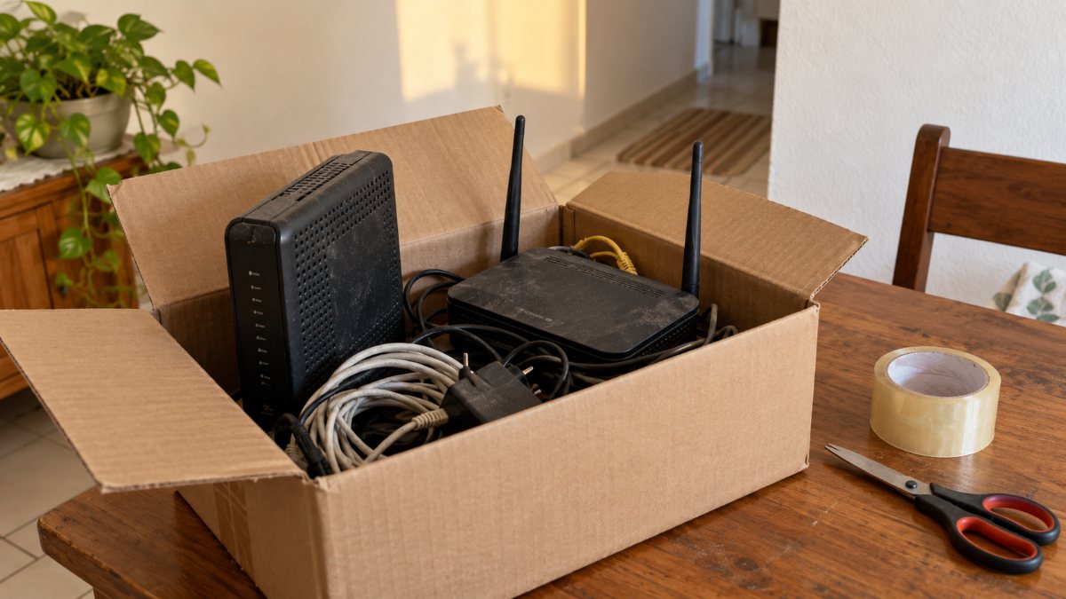 Modem e roteador com cabos dentro de uma caixa de papelão, prontos para devolução à operadora