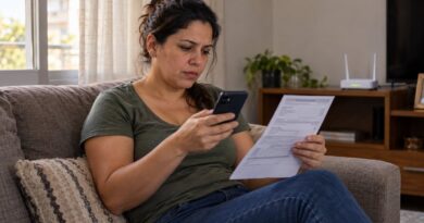 Mulher no sofá com celular e fatura na mão, roteador ao fundo, resolvendo o cancelamento do plano