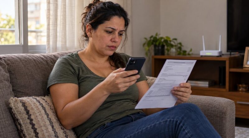 Mulher no sofá com celular e fatura na mão, roteador ao fundo, resolvendo o cancelamento do plano