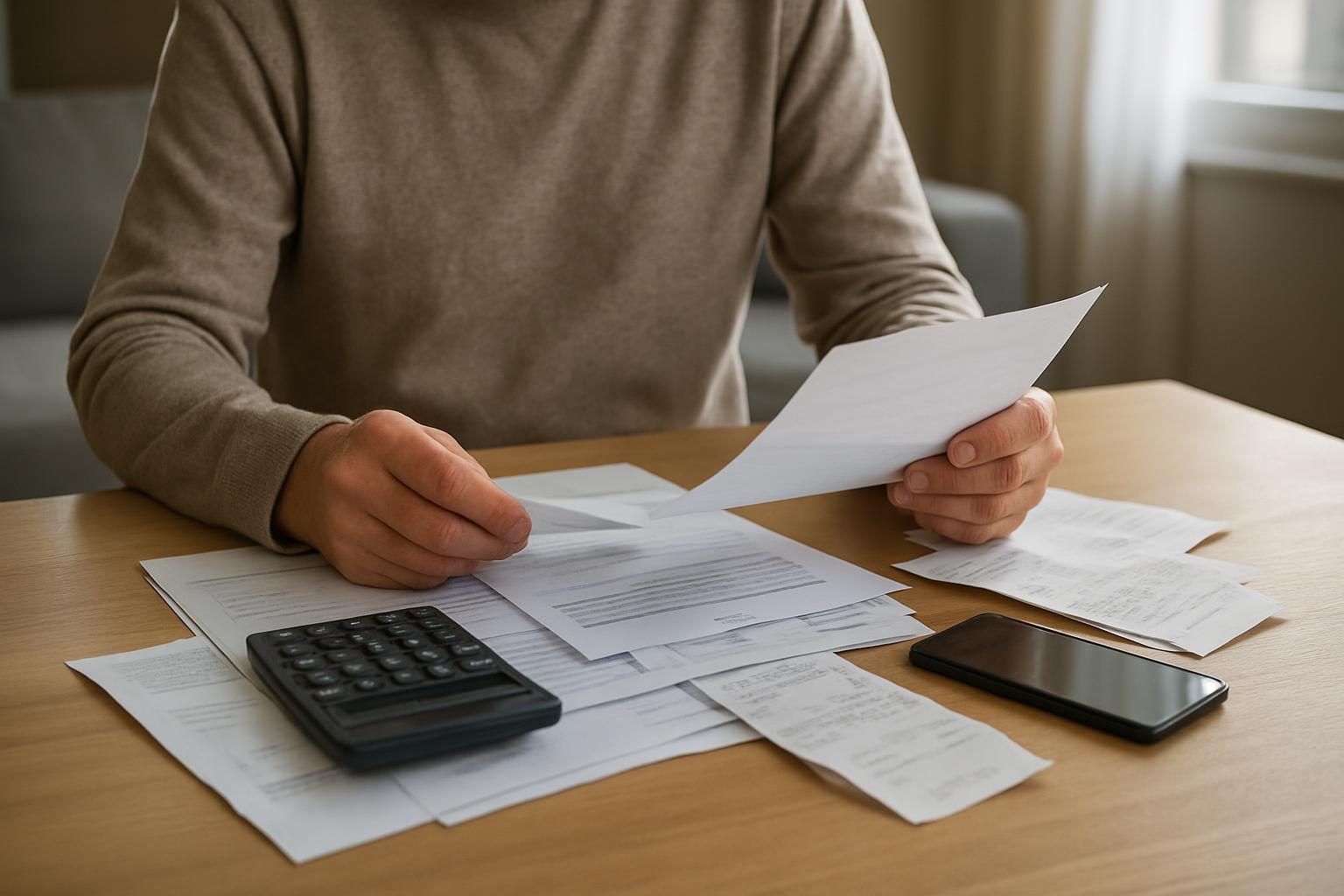 Pessoa conferindo contas e recibos em casa com calculadora e celular
