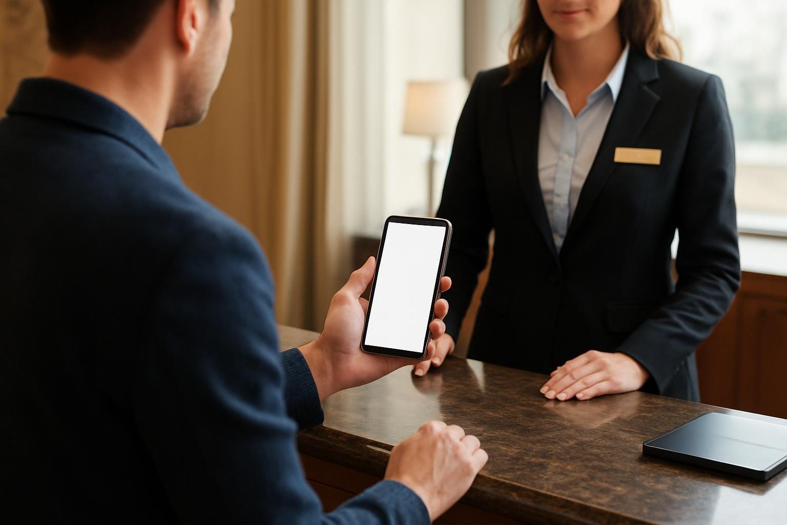 Hóspede mostrando documento digital no celular no balcão de recepção de um hotel