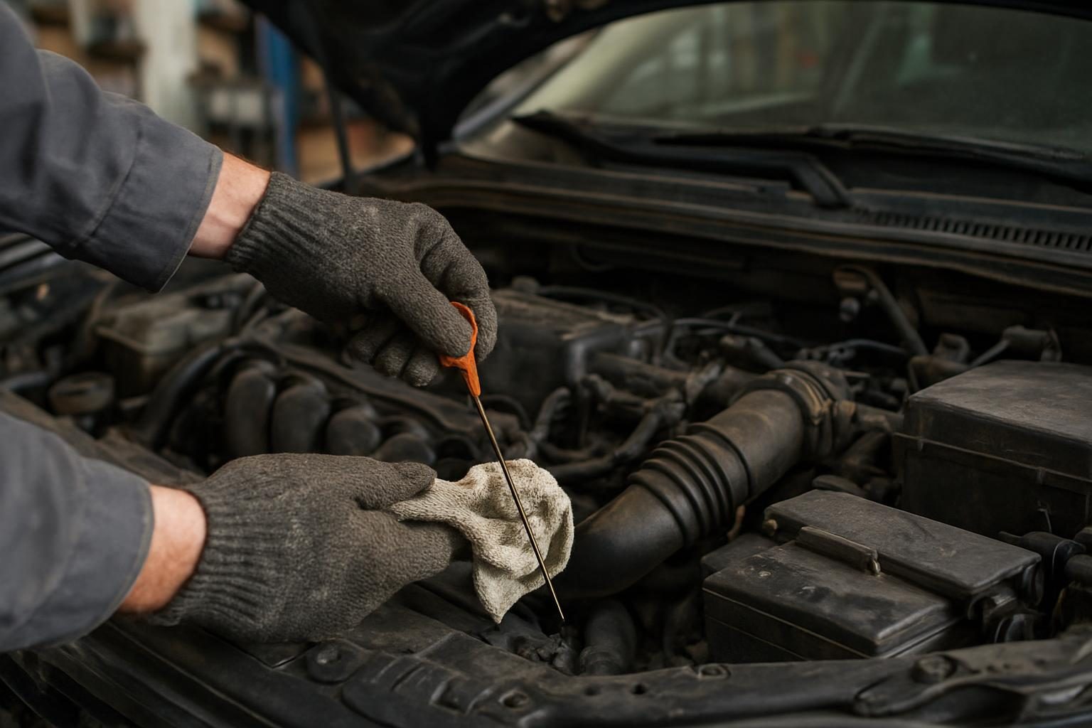 Mecânico verificando o motor de um carro usado com o capô aberto