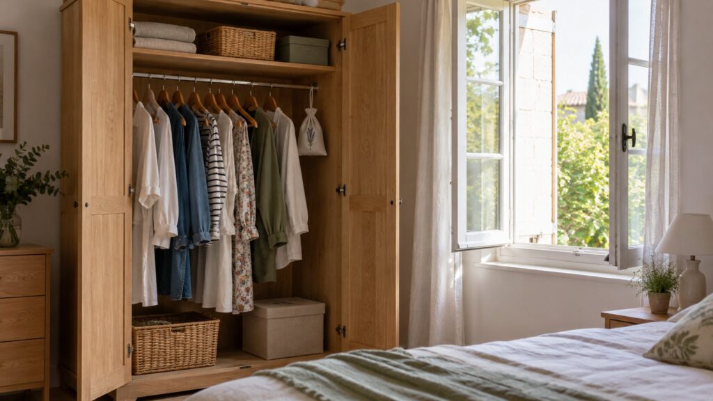 Guarda-roupa de madeira clara aberto, com roupas organizadas e uma janela aberta ao lado