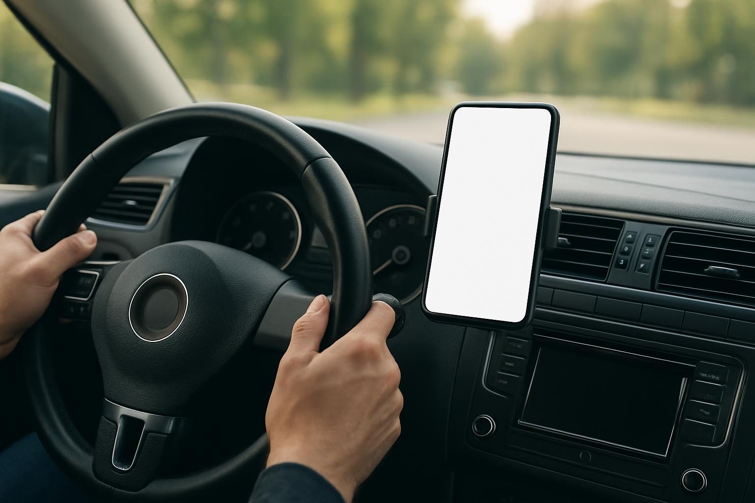 Motorista com celular no painel do carro