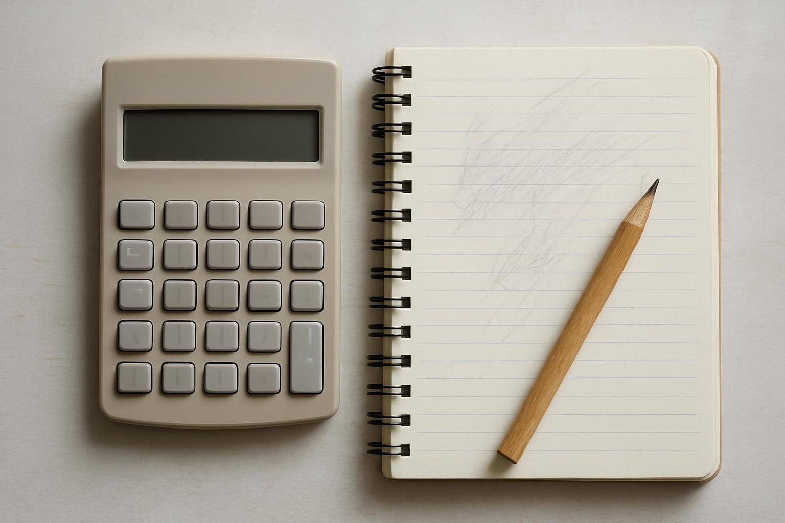 Calculadora ao lado de um caderno e um lápis sobre a mesa