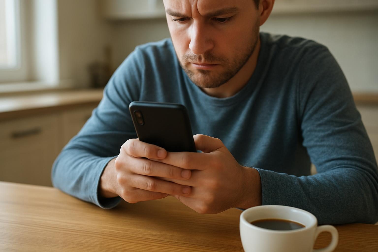 Pessoa olhando o celular com cautela ao receber uma mensagem suspeita